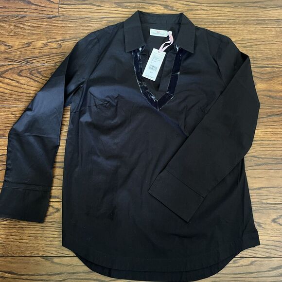 Vineyard Vines Tops - NWT Vineyard Vines Black Velvet Trim Popover Collared Shirt Top XS Cotton